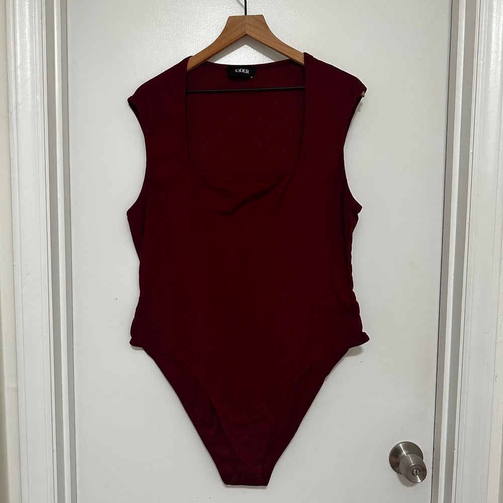 Cider | Women's Burgundy Red Ribbed Square Neck Sleeveless Bodysuit Top, 2XL